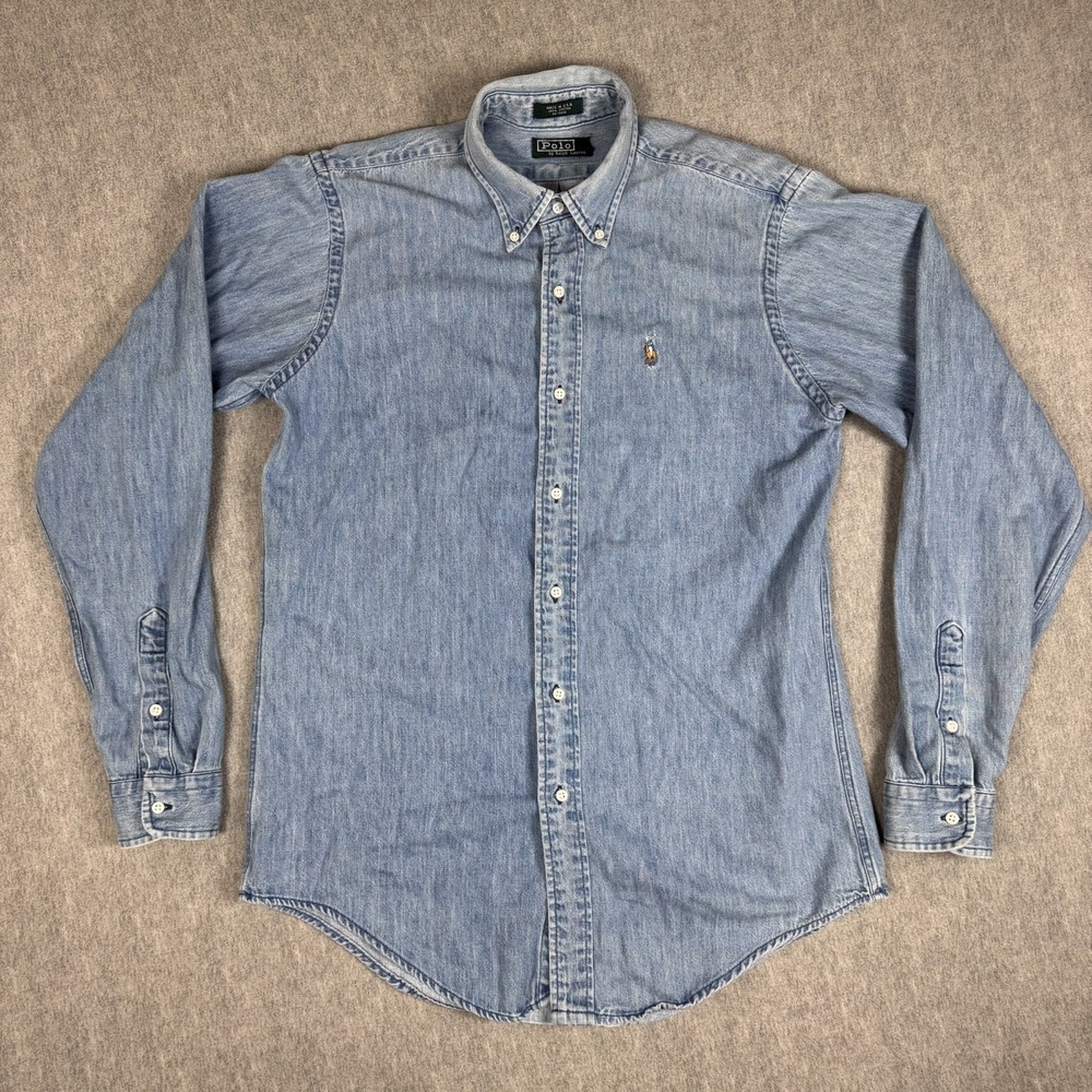 VTG POLO RALPH LAUREN Country Denim Chambray Shirt XL Green Tag Made in USA